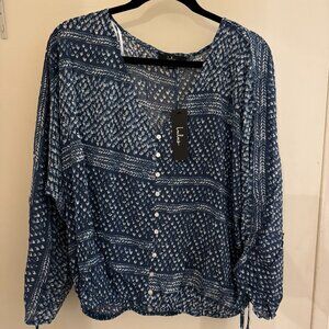 Lulus Carrissa Blue Print Long Sleeve Button Front Top - Large